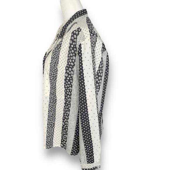 Vintage 90s Blouse Black White Semi Sheer Abstract Geometric Stripe Shirt 14 - Picture 5 of 11